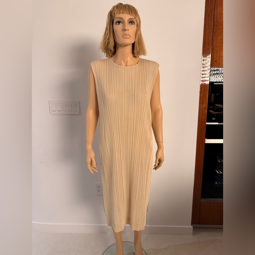 Pleats Please Issey Miyake Sleeveless Pleated Midi Dress in cream